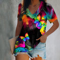 [Clearance Sale]Black V-neck Rainbow Butterfly Printing Women's Cozy T-shirts