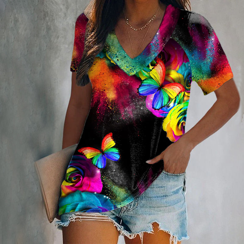 [Clearance Sale]Black V-neck Rainbow Butterfly Printing Women's Cozy T-shirts