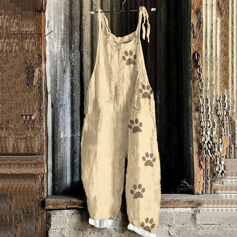 Vintage Cute Puppy Paw Printed Funny Casual Loose Jumpsuit
