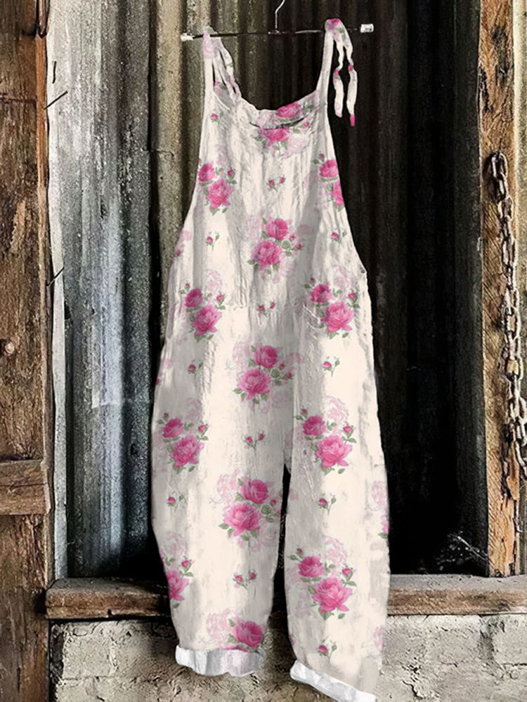 Pink Rose Pattern Printed Casual Cotton Linen Long Sleeves Jumpsuit