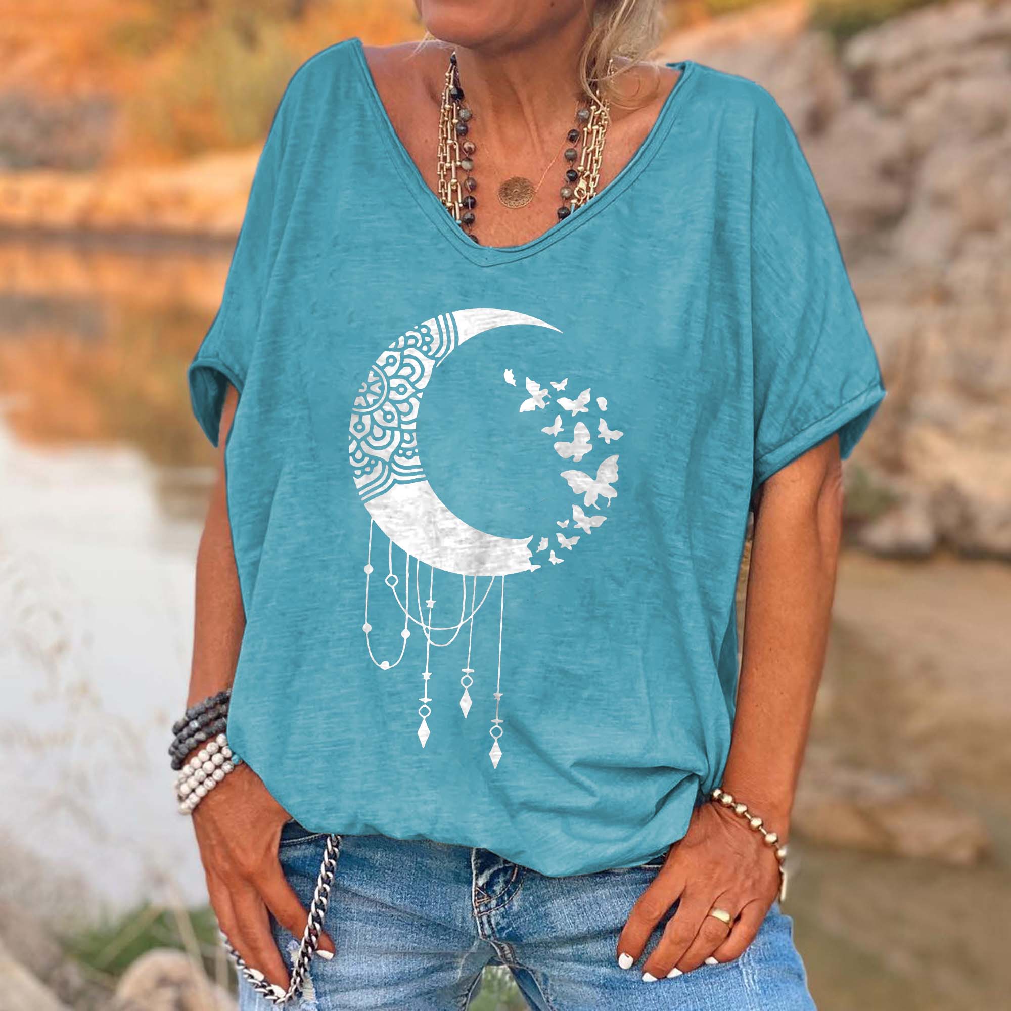 Butterfly Moon Printed Hippie T-shirt