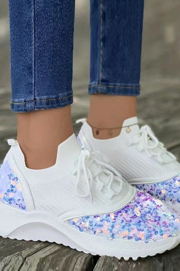 Sequins Fly Knit Lace Up Sneakers