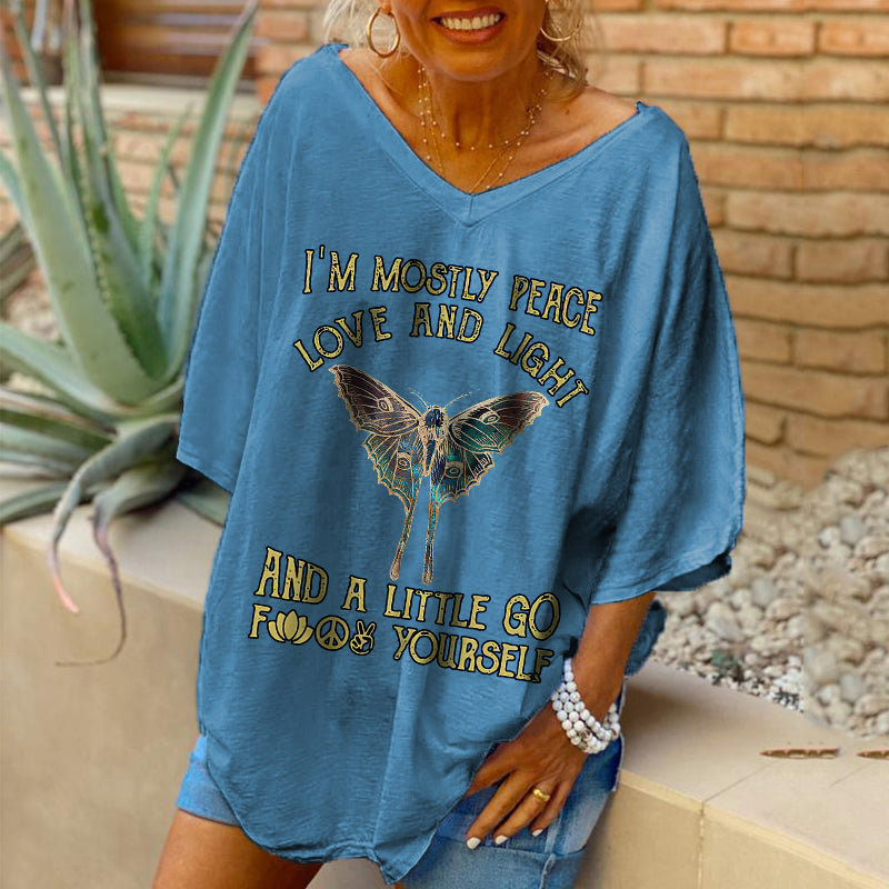 I‘m Mostly Peace Love And Light Butterfly Women V-neck T-shirt, One Size