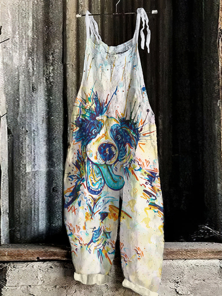 Retro Casual Crazy Milo Blue Dog Lover Watercolor Print Loose Jumpsuit