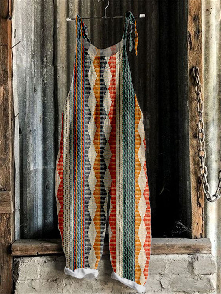 Women's Striped Colorblock Print Casual Cotton and Linen Jumpsuit