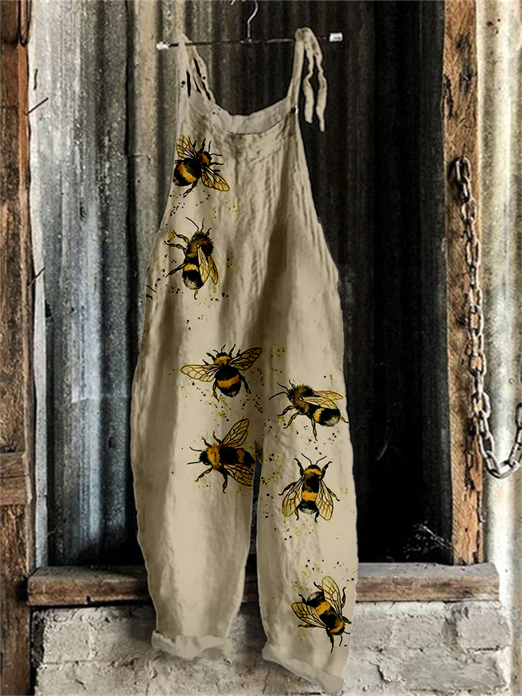 Women's Bee Printd Casual Cotton and Linen Jumpsuit