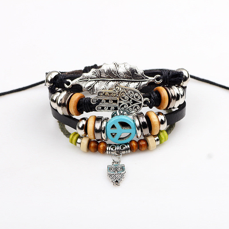 Casual Retro Multi-layer Leaf Peace Symbol Bracelet