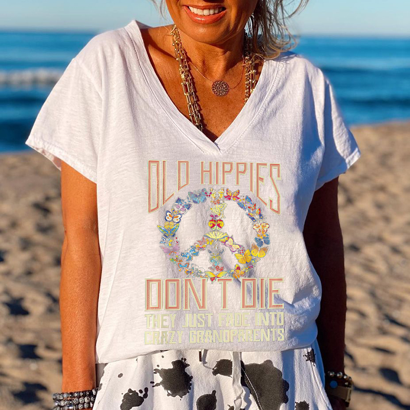Butterflies Old Hippies Don't Die V-neck Graphic Tees