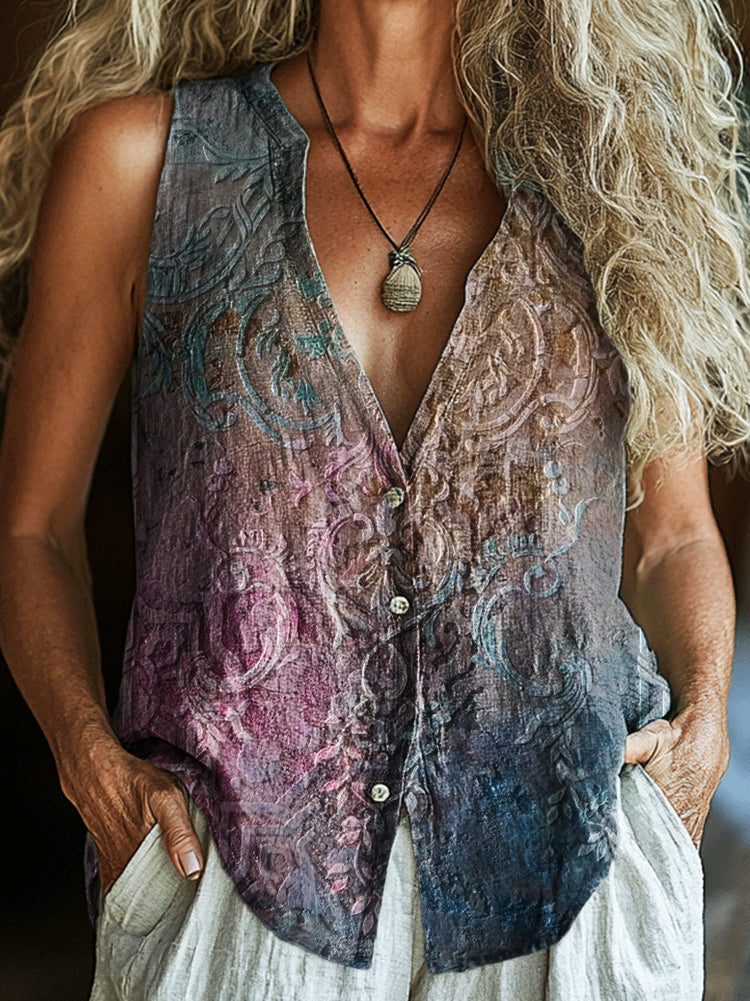 Women's Vintage Ethnic Floral Art Print Sleeveless Cotton Shirt