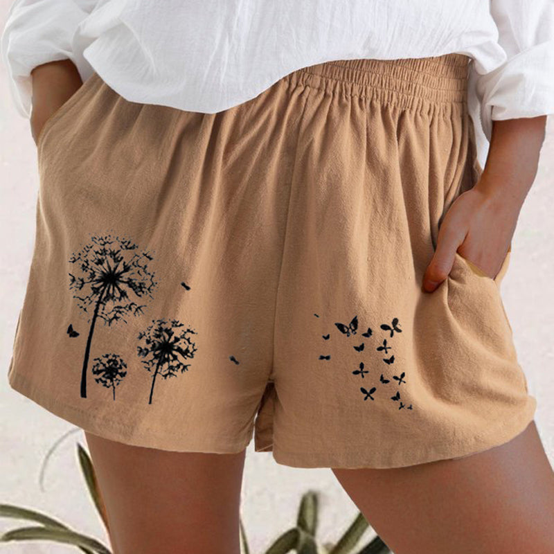 Women's Dandelion Printed Loose Cotton Pocket Casual Shorts