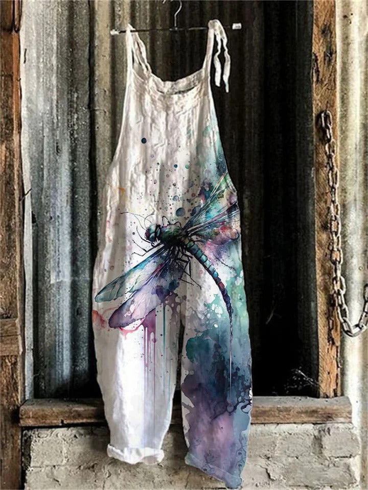 Tie-Dye Dragonfly Linen Blend Loose Casual Jumpsuit