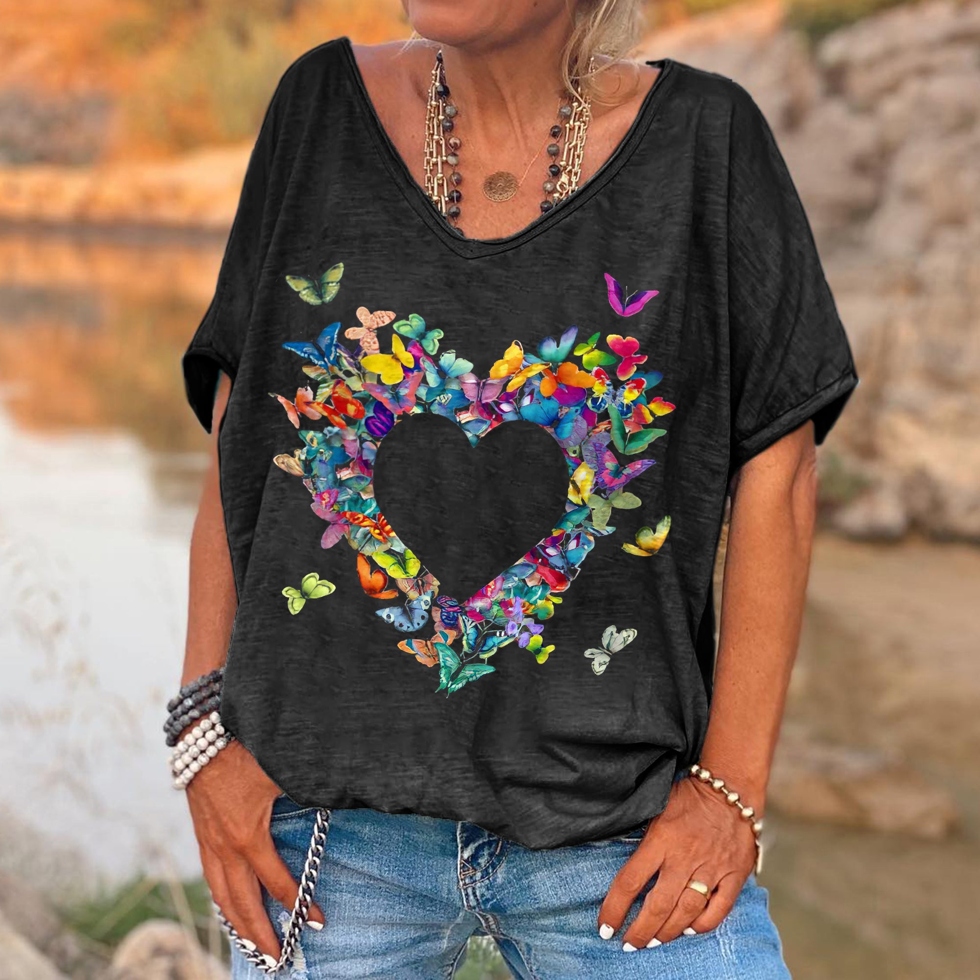 Colorful Butterflies Heart Printed Women's T-shirt
