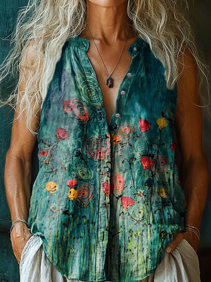 Women's Floral Art Print Sleeveless Cotton Blouse