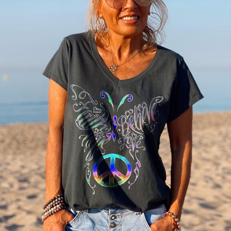 Colorful Butterfly Printed V-neck Graphic Tees