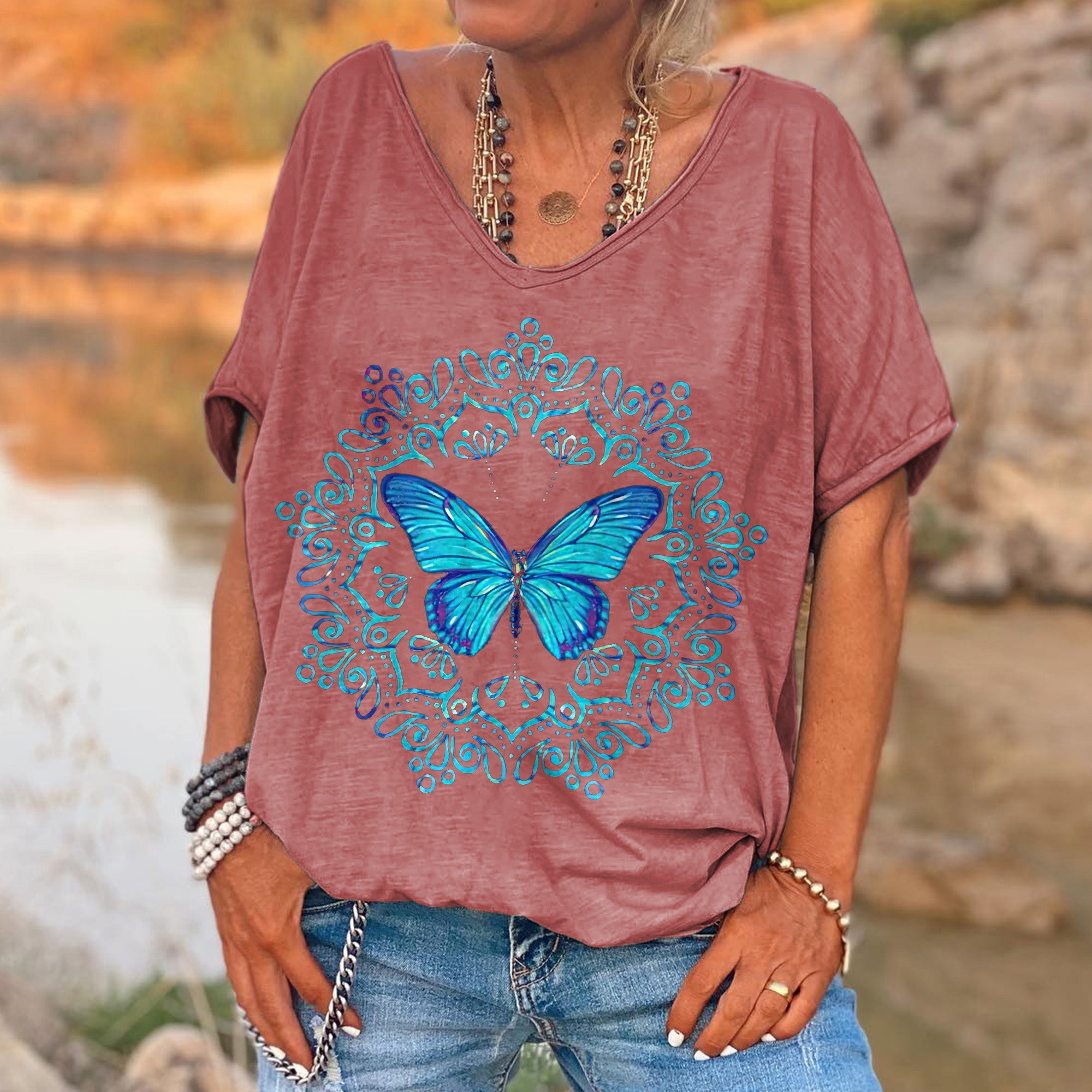 Blue Butterfly Printed Women's T-shirt