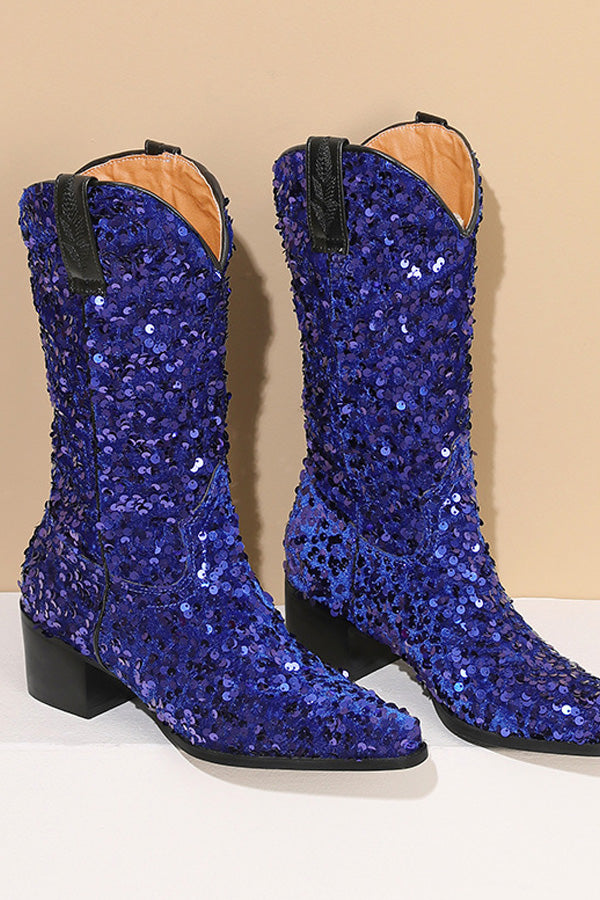 Vintage Sequined Chunky Heeled Boots