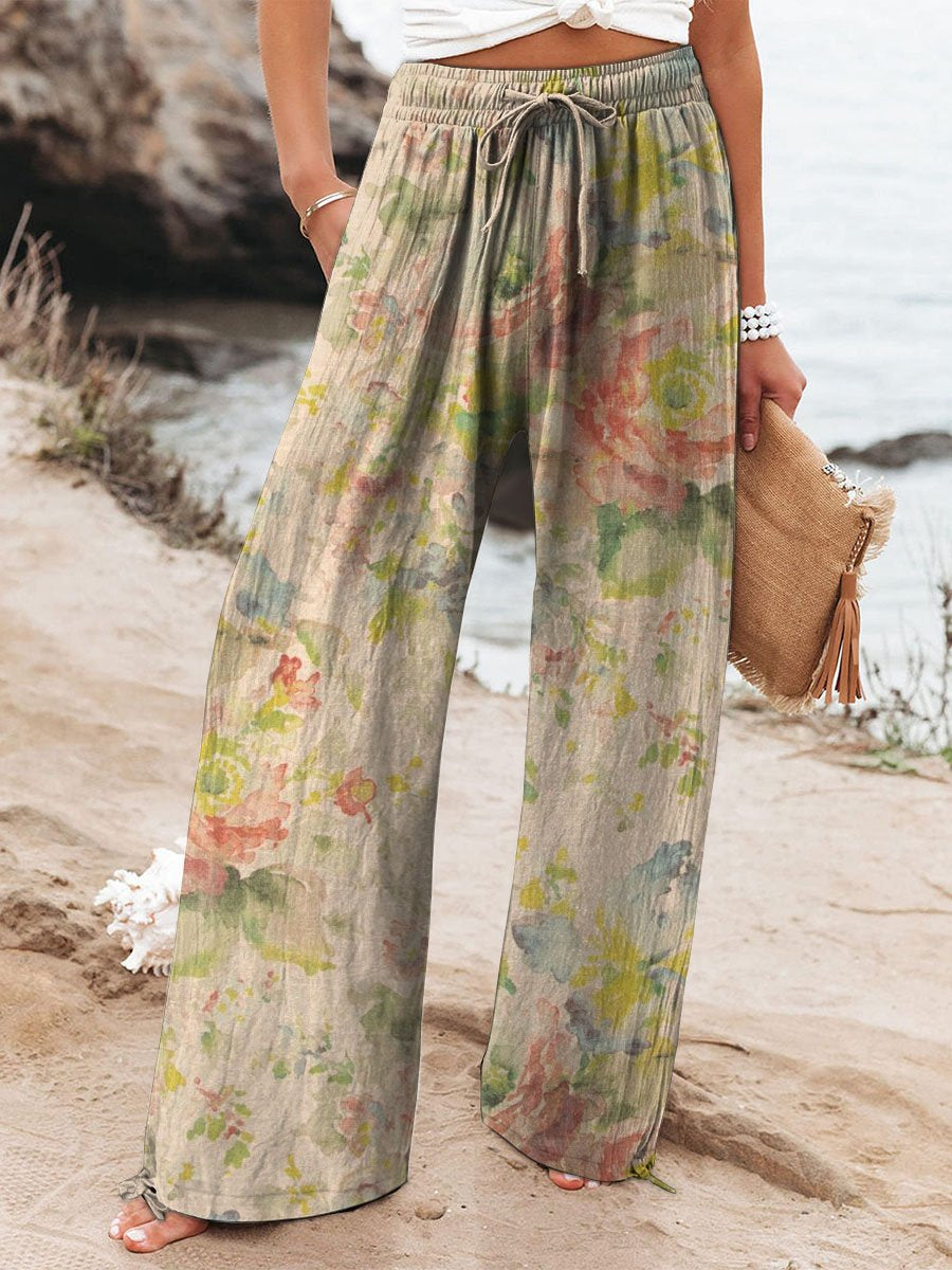Women's Vintage Floral Art Printed Cotton And Linen Casual Pants