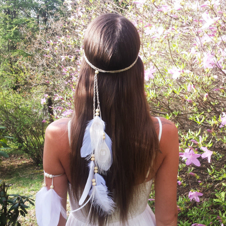 White Peacock Feather Holiday Bohemian Hair Band & Bracelet Set