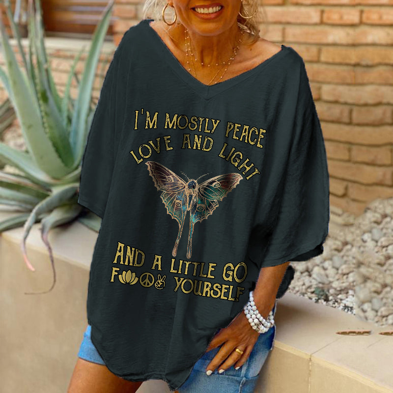I‘m Mostly Peace Love And Light Butterfly Women V-neck T-shirt, One Size
