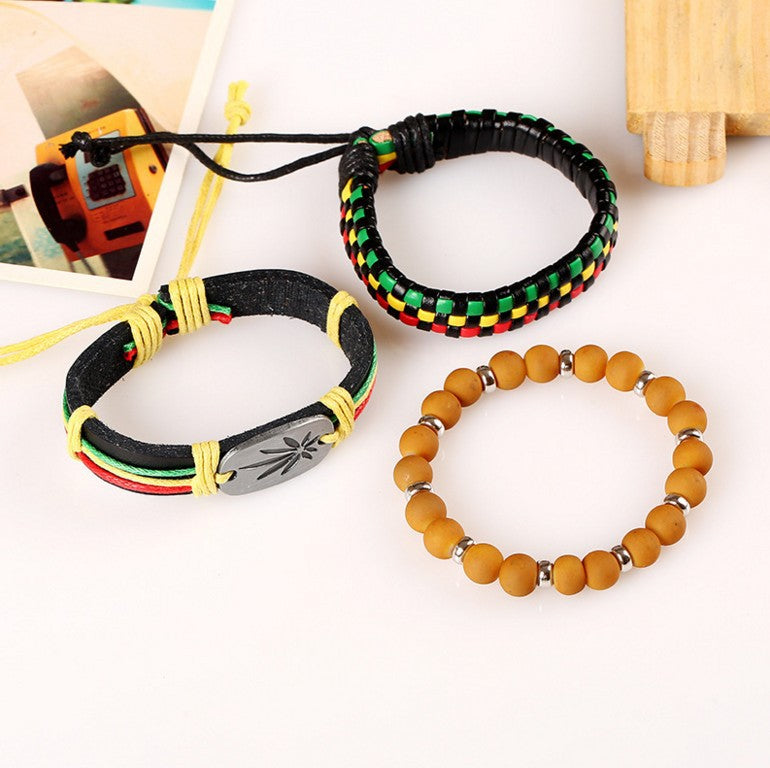 Jamaican Hiphop Reggae Three-color Braided Leather Bracelet Jewelry