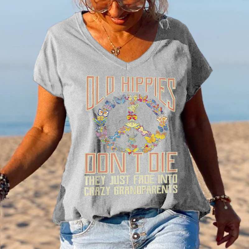 Butterflies Old Hippies Don't Die V-neck Graphic Tees