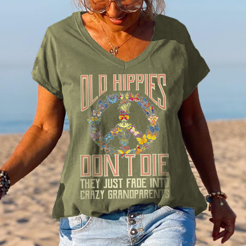 Butterflies Old Hippies Don't Die V-neck Graphic Tees