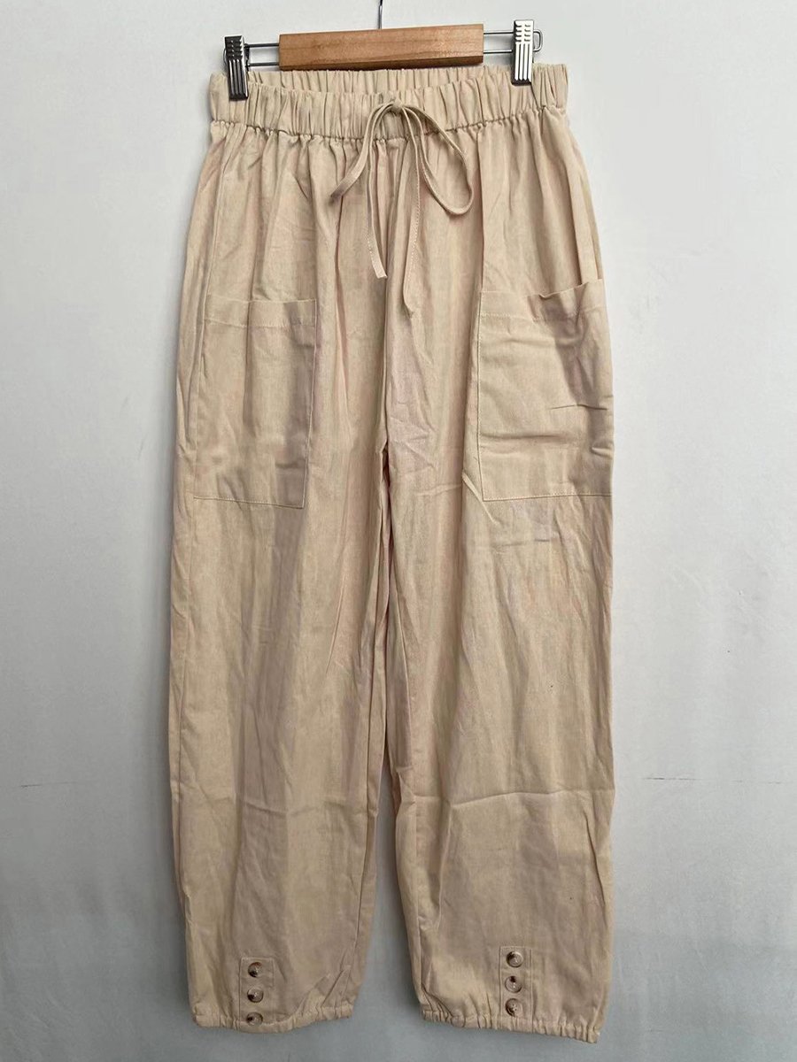 High-waisted Buttoned Cotton and Linen Pants Cropped Pants