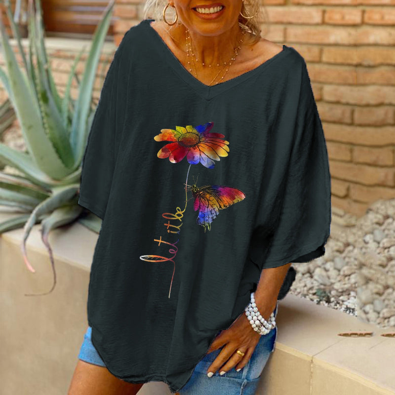 Butterfly & Flower Printed Women V-neck Oversized T-shirt