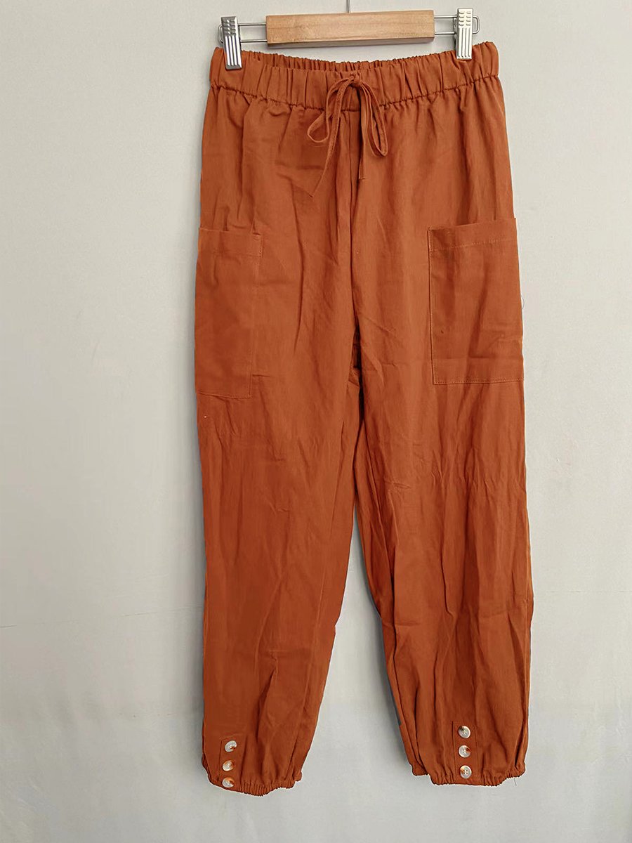 High-waisted Buttoned Cotton and Linen Pants Cropped Pants