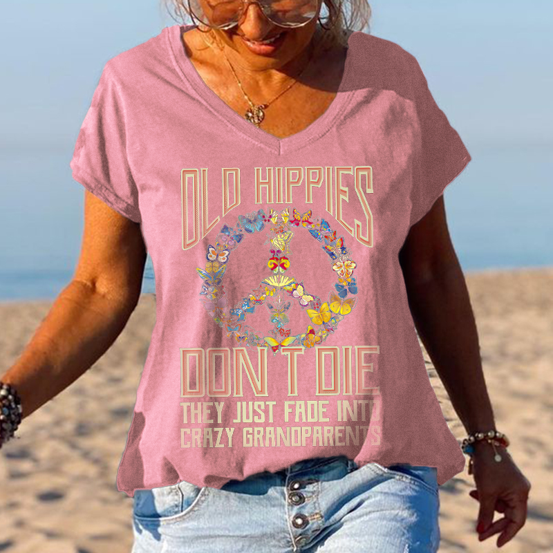 Butterflies Old Hippies Don't Die V-neck Graphic Tees