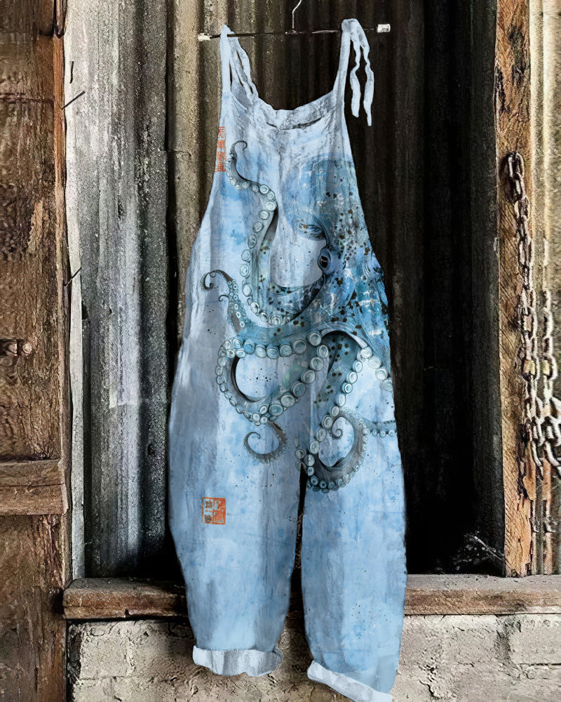 Vintage Japanese Art Octopus Print Casual Loose Jumpsuit