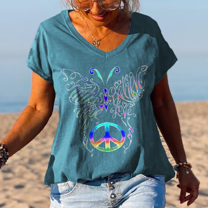 Colorful Butterfly Printed V-neck Graphic Tees