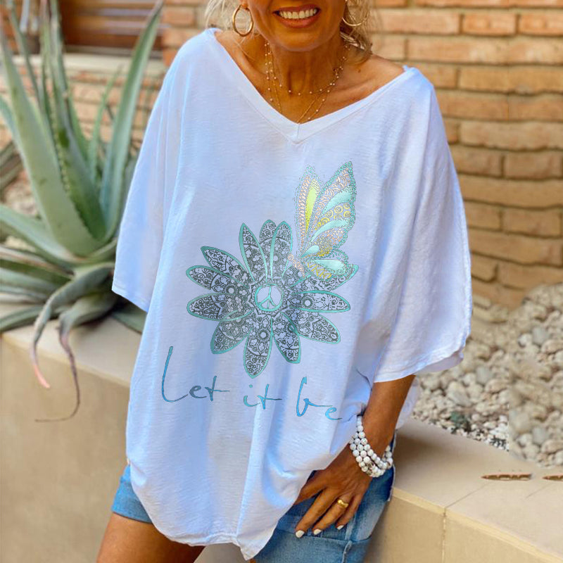 Oversized Let It Be Flowers Butterfly Printed Women Hippie T-shirt