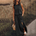 Women's Summer Round Neck Sleeveless Dress Split Solid Colour Dress