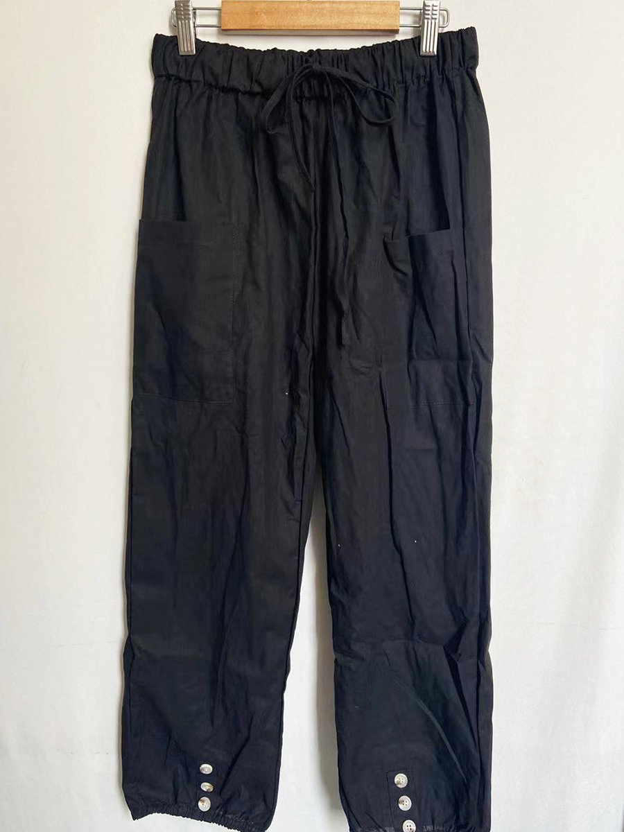 High-waisted Buttoned Cotton and Linen Pants Cropped Pants