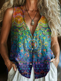 Women's Colorful Mandala Ethnic Totem Art Print Sleeveless Cotton Shirt