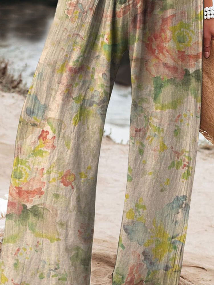 Women's Vintage Floral Art Printed Cotton And Linen Casual Pants