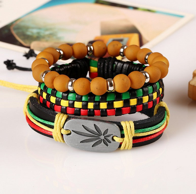 Jamaican Hiphop Reggae Three-color Braided Leather Bracelet Jewelry