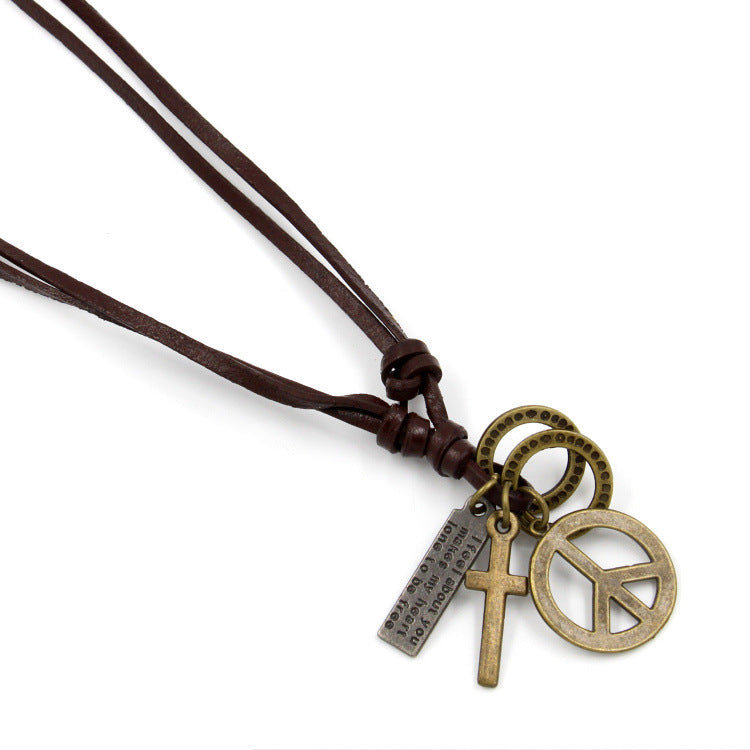 Peace sign Leather Vintage sweater chain