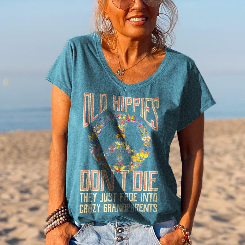 Butterflies Old Hippies Don't Die V-neck Graphic Tees