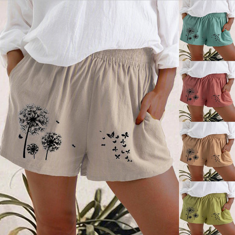 Women's Dandelion Printed Loose Cotton Pocket Casual Shorts