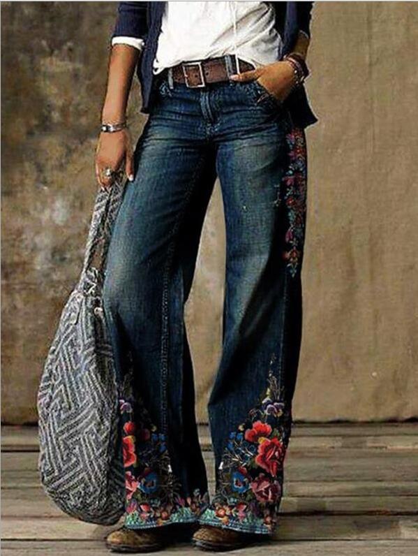 Women's Casual Flower Straight Jeans